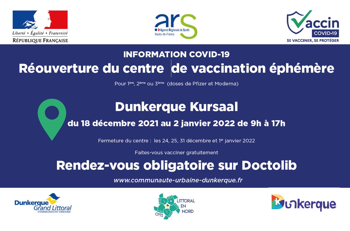 ⚠️ Des créneaux disponibles au centre de vaccination du #Kursaal !
Vous souhaitez vous faire vacciner avant les fêtes ? 
Le centre de vaccination du Kursaal ouvre ses portes
✅ Ce samedi 18 décembre
👉 Inscrivez-vous sur le site Doctolib pour prendre RDV
doctolib.fr