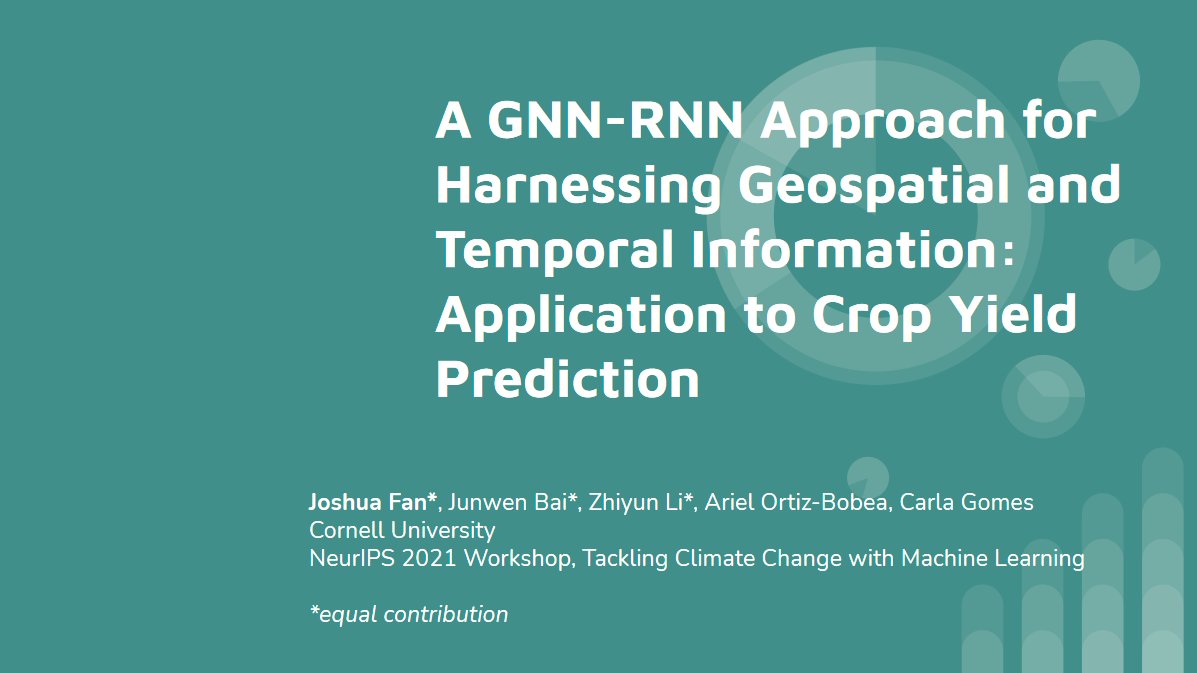 Congrats to our #NeurIPS2021 workshop best paper winners in the category "ML innovation"🏆

Joshua Fan, Junwen Bai, Zhiyun Li, <a href="/ArielOrtizBobea/">Ariel Ortiz-Bobea</a> &amp; Carla Gomes (all <a href="/Cornell/">Cornell University</a>) for work on spatio-temporal GNNs for crop yield prediction. Well deserved! 👏🌱🤖

climatechange.ai/papers/neurips…