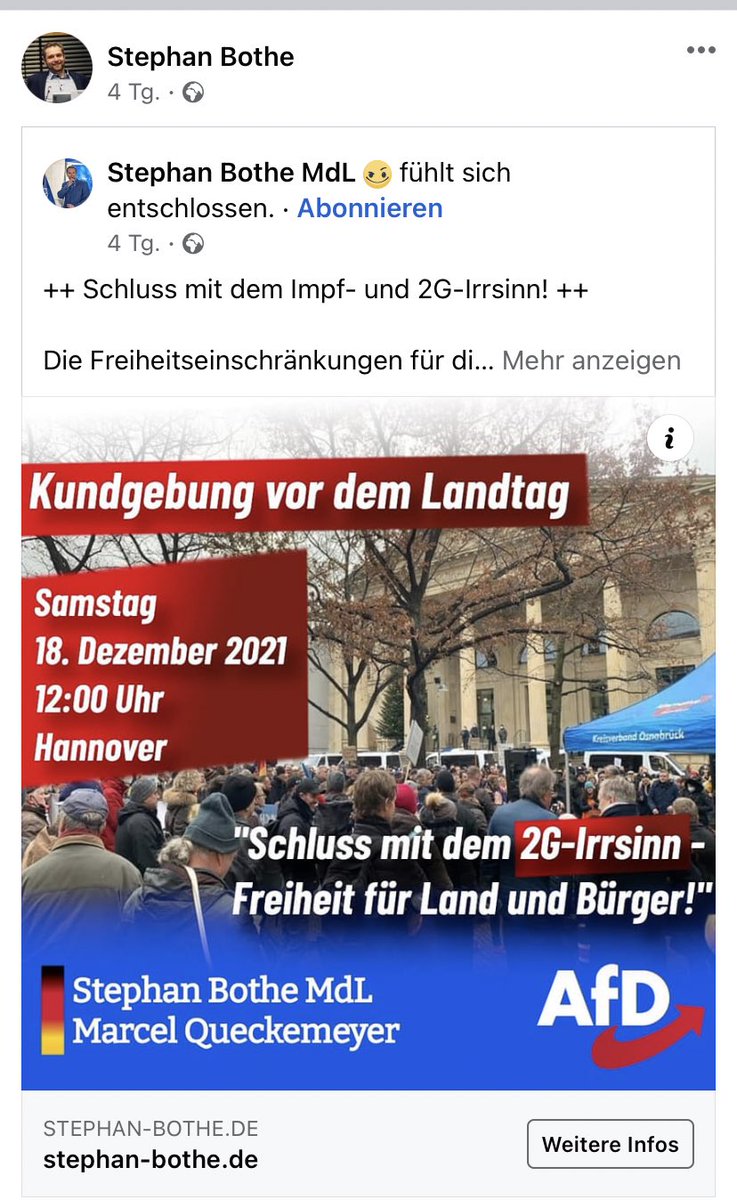 mic_tra's tweet photo. Am 18.12. wollen Verschwörungsideolog*innen in #Hannover aufmarschieren. Um 12 Uhr ist laut Polizei Demo am Landtag angezeigt. AfDler Stephan Bothe bewirbt diese mit markigen Worten. 13-15 Uhr ist weitere Kundgebung am Opernplatz geplant, die durch Querdenken 511 beworben wird. https://t.co/vsLkDbvSdA