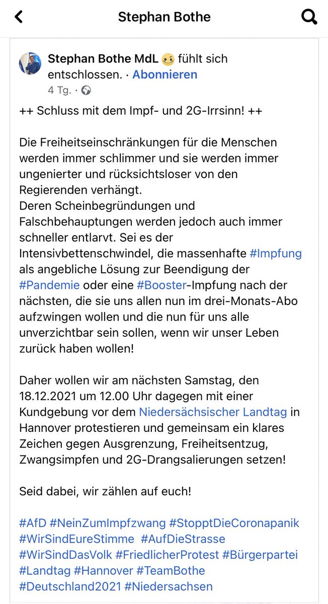 mic_tra's tweet photo. Am 18.12. wollen Verschwörungsideolog*innen in #Hannover aufmarschieren. Um 12 Uhr ist laut Polizei Demo am Landtag angezeigt. AfDler Stephan Bothe bewirbt diese mit markigen Worten. 13-15 Uhr ist weitere Kundgebung am Opernplatz geplant, die durch Querdenken 511 beworben wird. https://t.co/vsLkDbvSdA