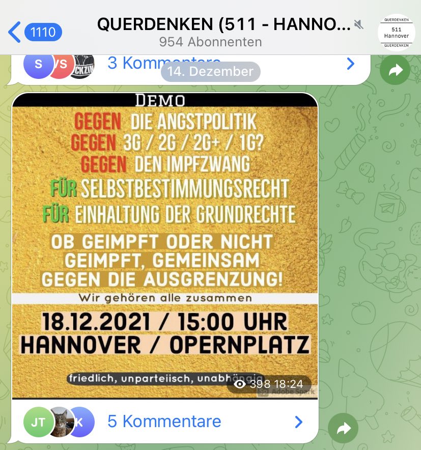 Am 18.12. wollen Verschwörungsideolog*innen in #Hannover aufmarschieren. Um 12 Uhr ist laut Polizei Demo am Landtag angezeigt. AfDler Stephan Bothe bewirbt diese mit markigen Worten. 13-15 Uhr ist weitere Kundgebung am Opernplatz geplant, die durch Querdenken 511 beworben wird.