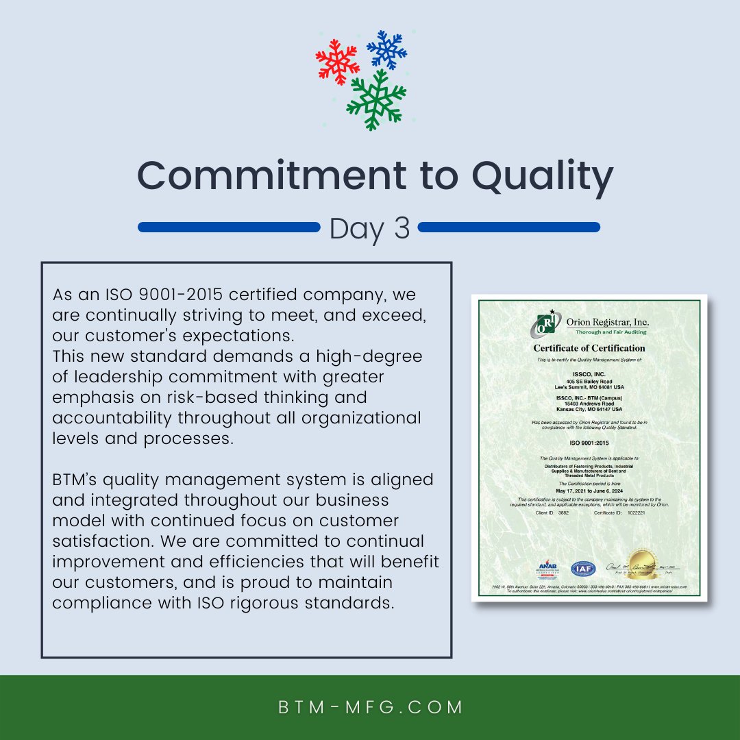 BTMMfg's tweet photo. Day 3 of #12DaysofManufacturing
Not all manufacturing companies are #ISO9001 certified, so @BTMMfg truly takes pride in our continual focus to meet and exceed customer expectations and quality standards. https://t.co/tSwG0DWaFm