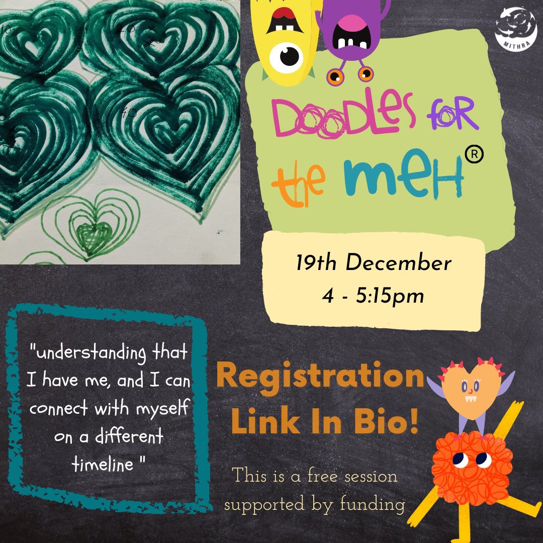 Make Doodles for The Meh with <a href="/MithraTrust/">Mithra Trust</a> &amp; me!
Next session 19th December Sunday 4pm-5.15pm IST!
Come relax, look within, breathe, let yourself be! Link to register 👇🏽
docs.google.com/forms/d/e/1FAI…
.
#Mentalhealth #anxietyrelief #Doodles #fun #WritingCommunity #art #chill #selfcare