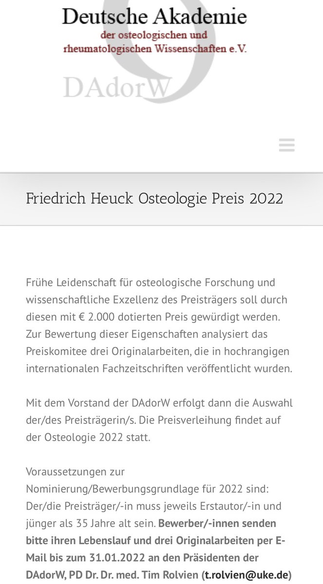 Do you have three first author-publications regarding osteology/rheumatology? Submit you application to the Friedrich Heuck Osteologie Award 2022 if you are younger than 35! #orthoresearch #boneresearch 

dadorw.com/?p=253