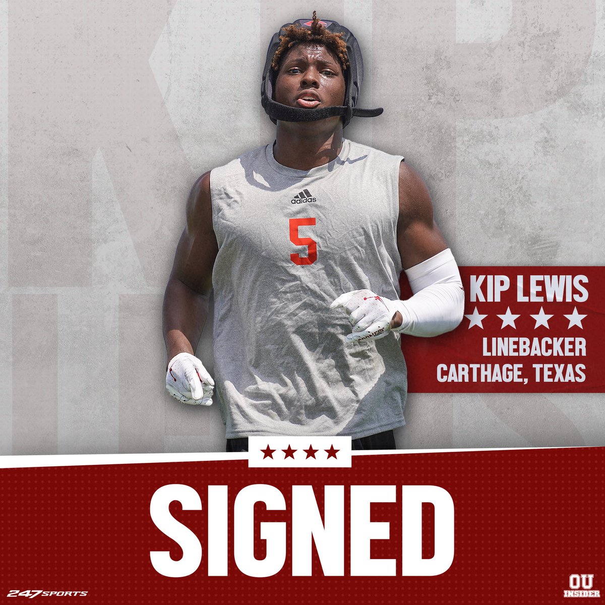 Four-star LB Kip Lewis (Carthage, TX) is officially signed, sealed and delivered to the #Sooners.

He’s the No. 251 overall prospect (No. 26 LB) in the 247Sports Composite.