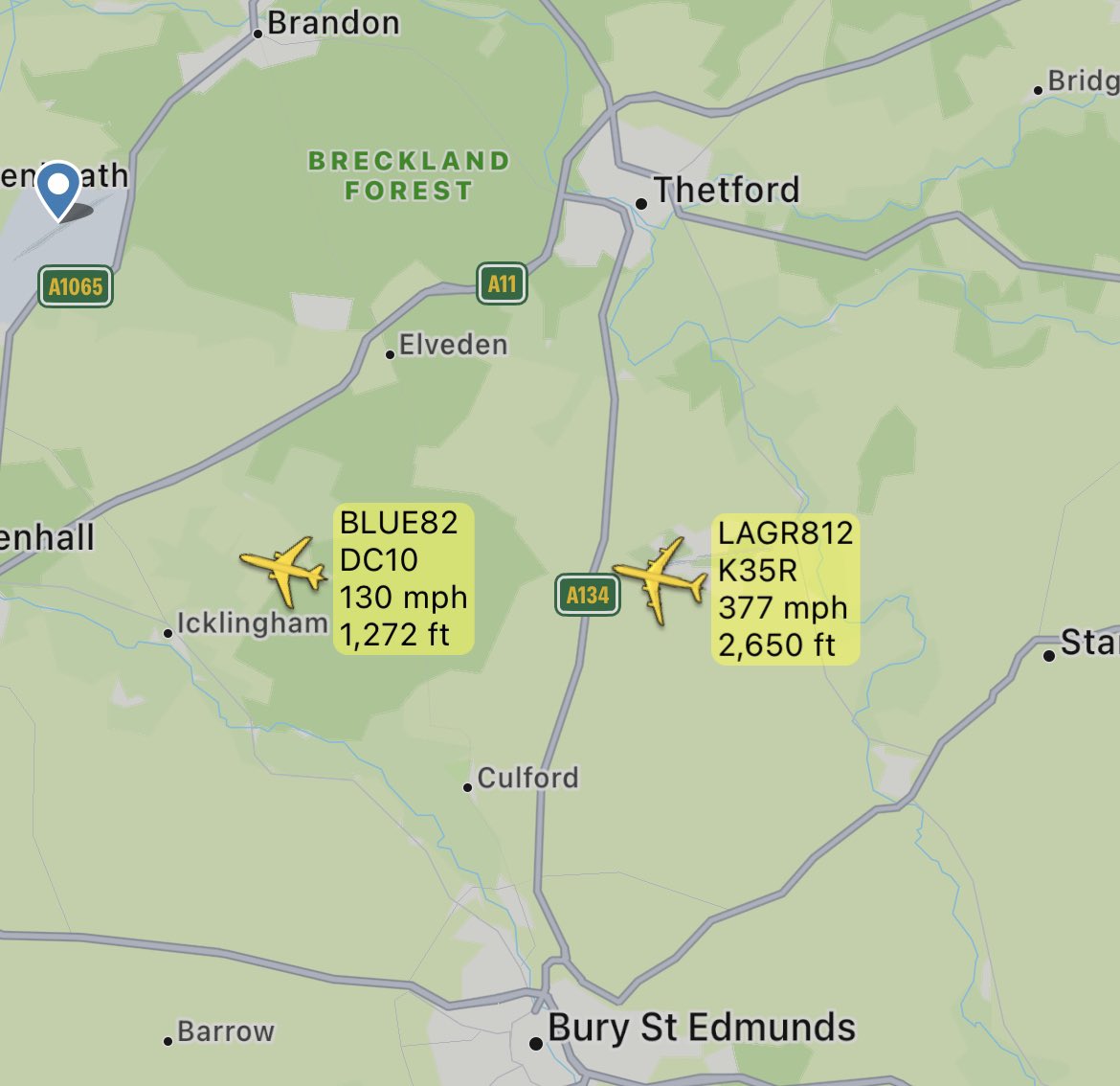 aircraftrack's tweet photo. USAF KC-10A Extender and KC-135R Stratotanker are heading West out of RAF Mildenhall, at low altitude near Bury St Edmunds. #LAGR812 #BLUE82 https://t.co/yDWoDGa9Es