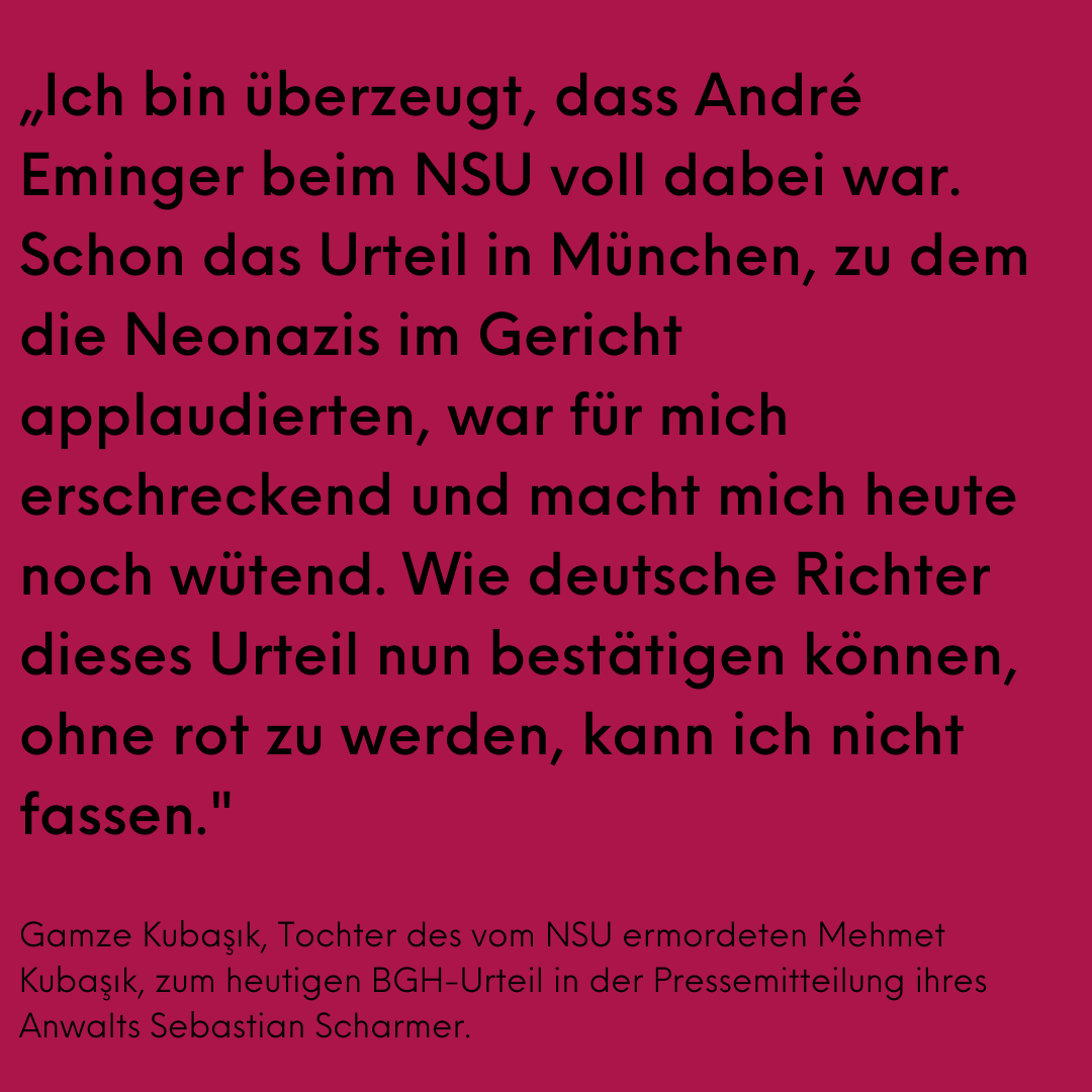 nsuwatch's tweet photo. „Wie deutsche Richter dieses Urteil nun bestätigen können, ohne rot zu werden, kann ich nicht fassen. Dass Eminger von den Mordplänen des #NSU nichts gewusst haben soll, kann ihm doch niemand glauben!" Gamze Kubaşık zum heutigen Urteil des BGH. #KeinSchlussstrich !B https://t.co/2EsFbuxCru
