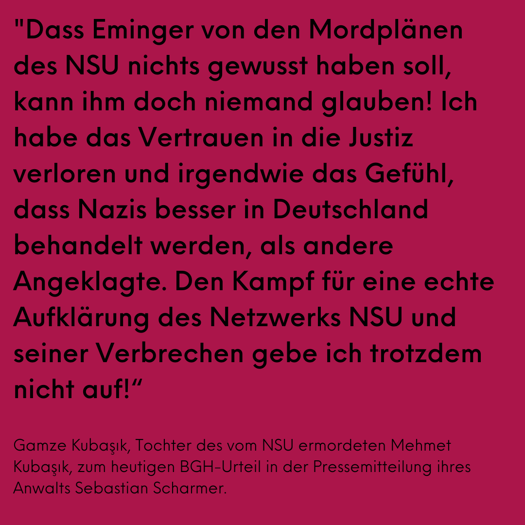 nsuwatch's tweet photo. „Wie deutsche Richter dieses Urteil nun bestätigen können, ohne rot zu werden, kann ich nicht fassen. Dass Eminger von den Mordplänen des #NSU nichts gewusst haben soll, kann ihm doch niemand glauben!" Gamze Kubaşık zum heutigen Urteil des BGH. #KeinSchlussstrich !B https://t.co/2EsFbuxCru