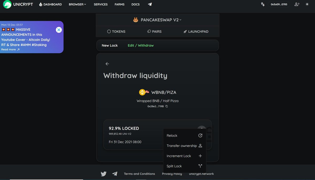 HalfPizza3's tweet photo. PIZA will split and continue locked liquidity on December 28, 2021. 60% continue locked-up extended to January 31, 2022. The remaining 40% will be withdrawn , 30% for liquidity of PIZA swap , 10% for liquidity of the centralized exchange. PIZAswap will be launched on December 30. https://t.co/u0kYSwpRcU