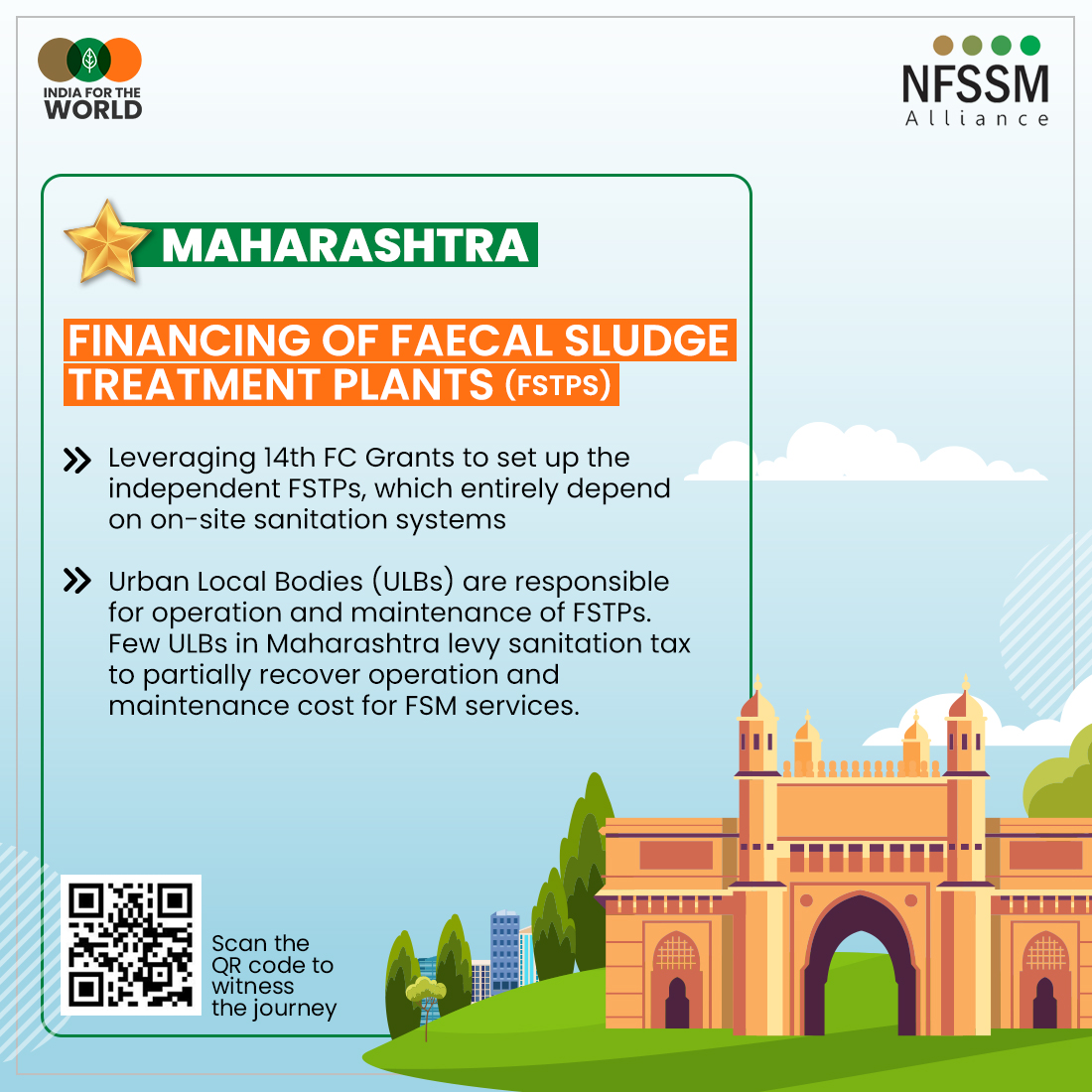 #Maharashtra has a unique strategy to finance #Faecal &amp; Sludge Treatment Plants.​

Know more about how the state included Urban Local Bodies (ULBs) in their sanitation initiatives! #IndiaForTheWorld

📲Scan the QR code or visit, here: nfssmalliance.org/state-stories/