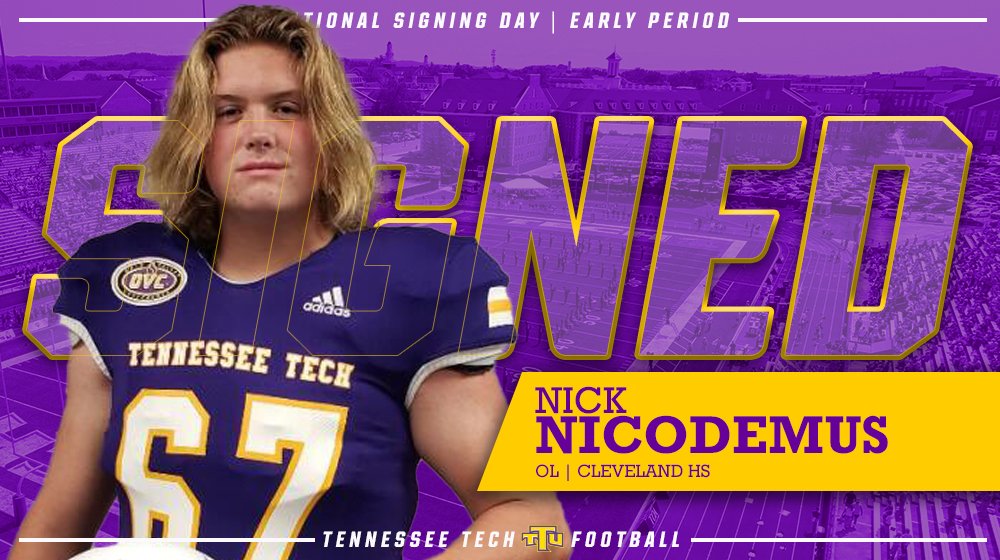 TNTechFootball's tweet photo. Up next for the Golden Eagles is a big addition on the offensive line. Helping add protection up front in the trenches for Tech will be Nick Nicodemus -- @NickNicodemus67 -- from Cleveland HS! #WingsUp https://t.co/S9gU5P80On
