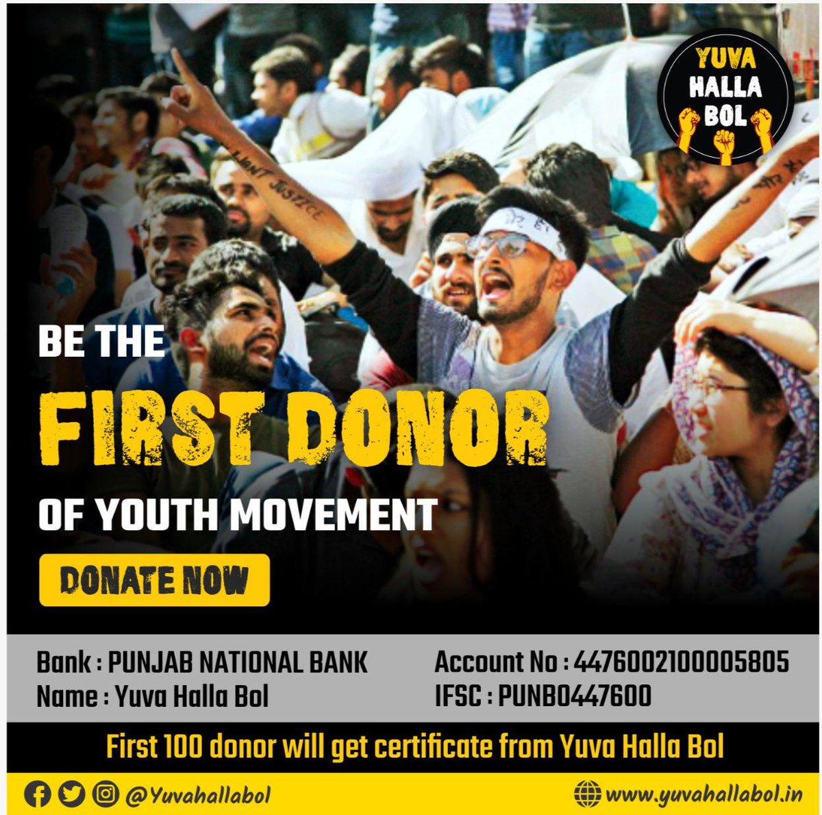 yuvahallabol's tweet photo. ATTENTION!📌
The official bank account of 'Yuva Halla Bol' is now active!
📢 Be the FIRST DONOR and participate in this movement for nation building.
Send the donation screenshot to 9810408888 and we will send you a certificate of #FirstDonor from Yuva Halla Bol. https://t.co/pfgpUWpvlW