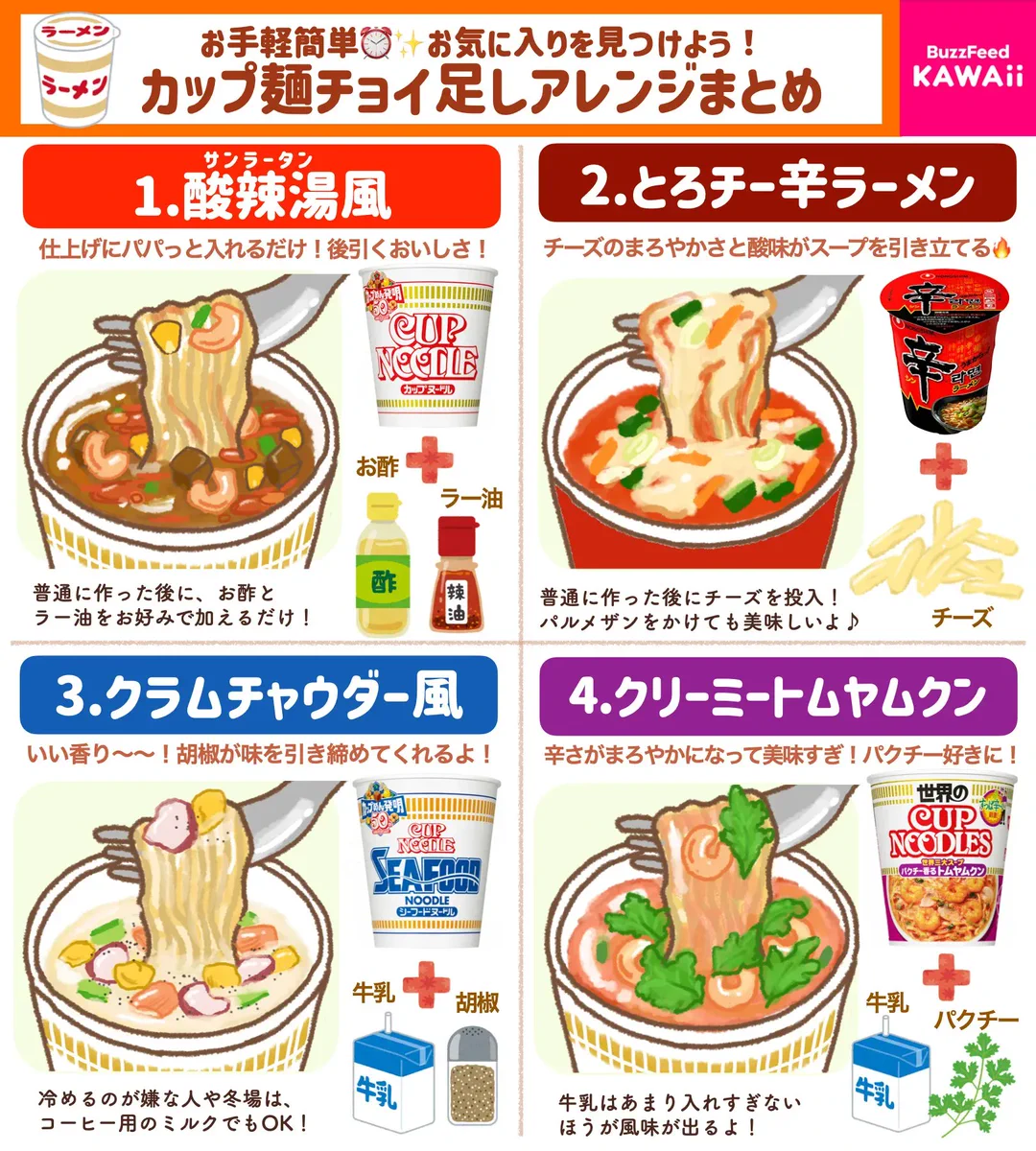 いつもの味とは違った美味しさを楽しめそう！「カップ麺」のちょい足しアレンジレシピ8選！
