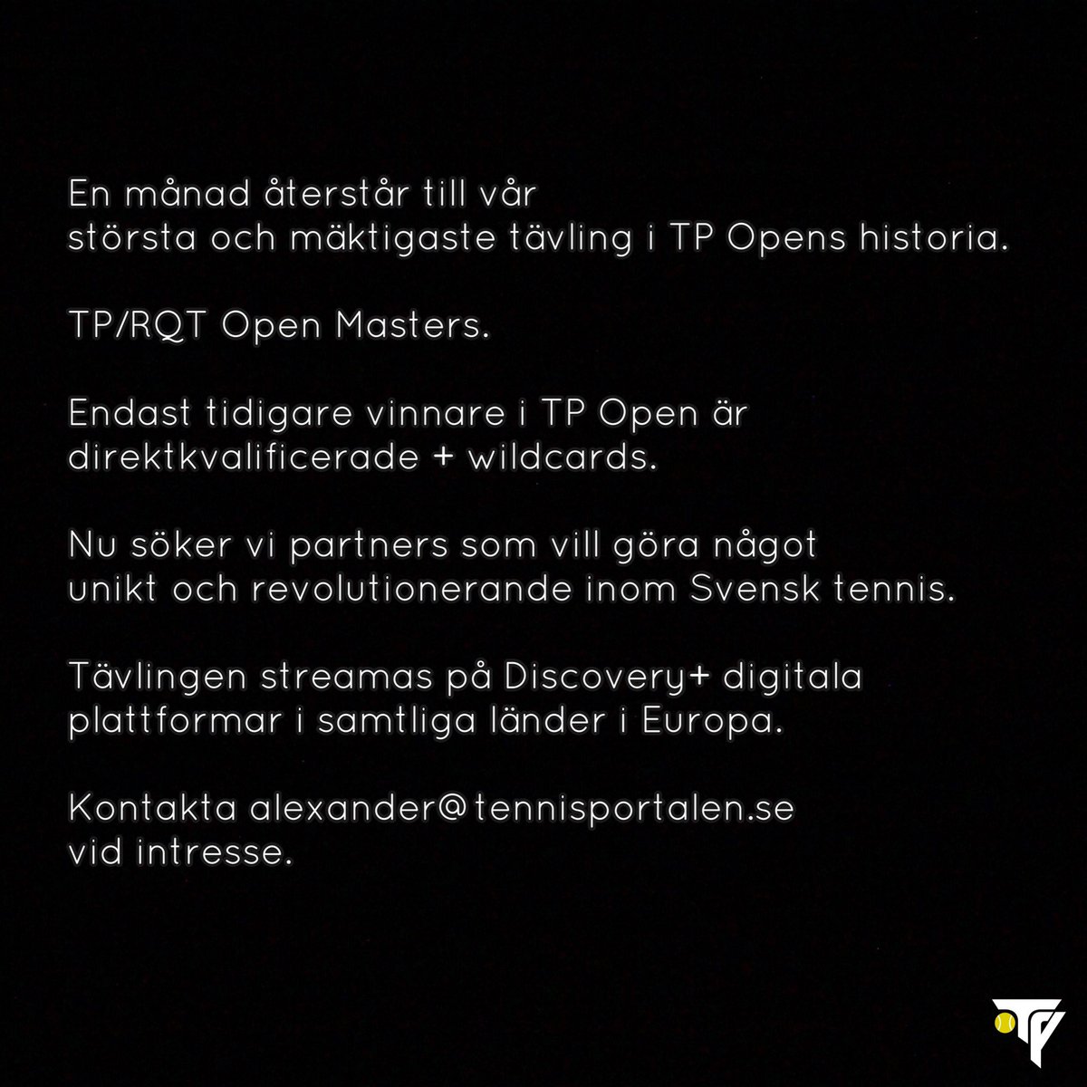 tennisportalen's tweet image. Femkameraproduktion. DJ. Speaker. Ljusshow. On-court interviews. Kommentering. Stream på Discovery+ och Eurosport Player. 

Nu söker vi partners till vår kommande tävling TP/RQT Open Masters den 14-15 januari. ⚡️