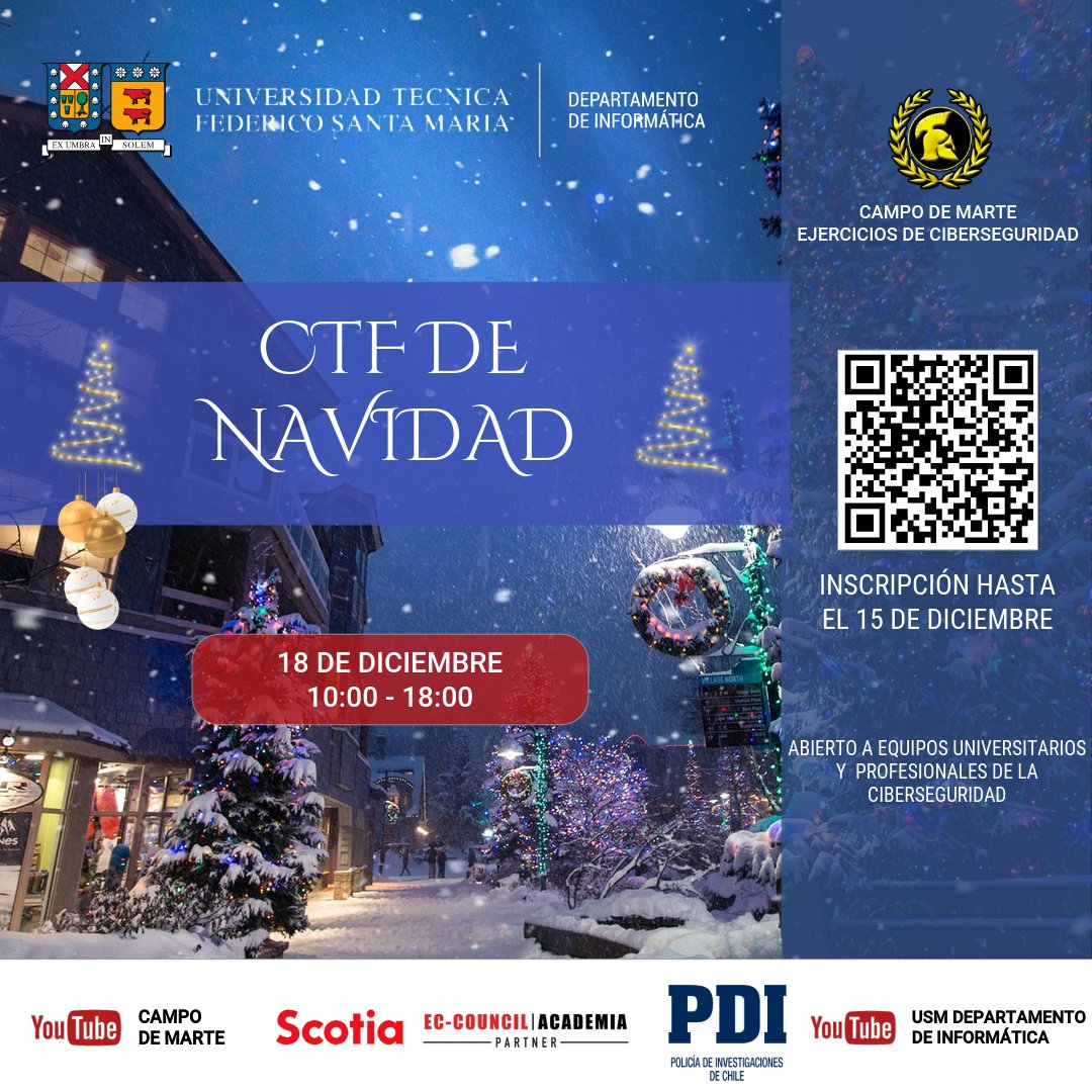 xbonnaire's tweet photo. Último día para inscribirse al CTF de Navidad . Está abierto a equipos universitarios o de profesionales de la #ciberseguridad (solamente Chilenos o Residentes)
https://t.co/UMIyxnVkw2 https://t.co/wV6kEjqjFa