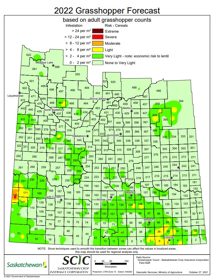 SKAgriculture's tweet image. The Grasshopper Forecast Map for 2022 is now available, #SaskAg. Note that localized hotspots may be under-represented due to their proximity to lower densities on the map.
saskatchewan.ca/business/agric…