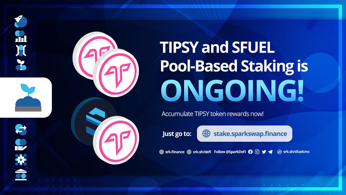 sparkpointio's tweet image. One of the active Pool-Based Staking pools in our #SparkPool is the $TIPSY-$TIPSY and $SFUEL-$TIPSY pairs! Participate now to earn $TIPSY tokens as rewards! 🤑

Stake and earn: stake.sparkswap.finance 💰

#SparkDeFi #SparkPoint #BSC #BUIDL @tipsylabs