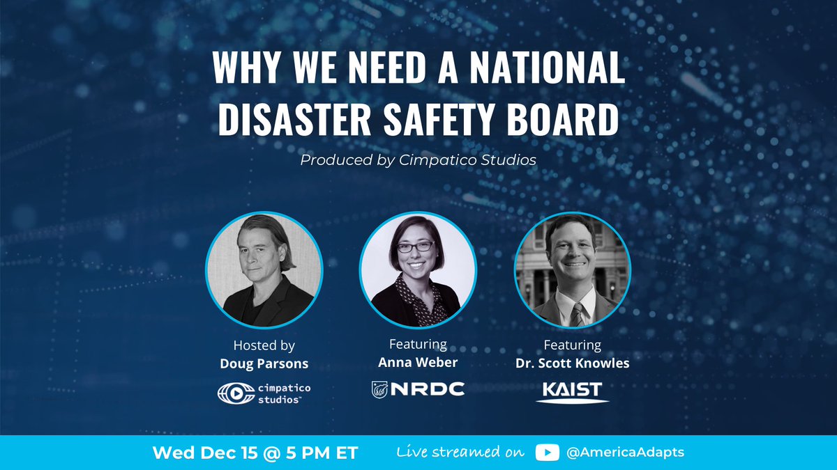 Happening today at 5pm ET!
We investigate airline crashes, chemical accidents, train derailments...but not the underlying cause of why a storm/fire/flood becomes a disaster!  @nrdc @aweberNRDC @USofDisaster <a href="/CimpaticoTV/">Cimpatico Studios</a>