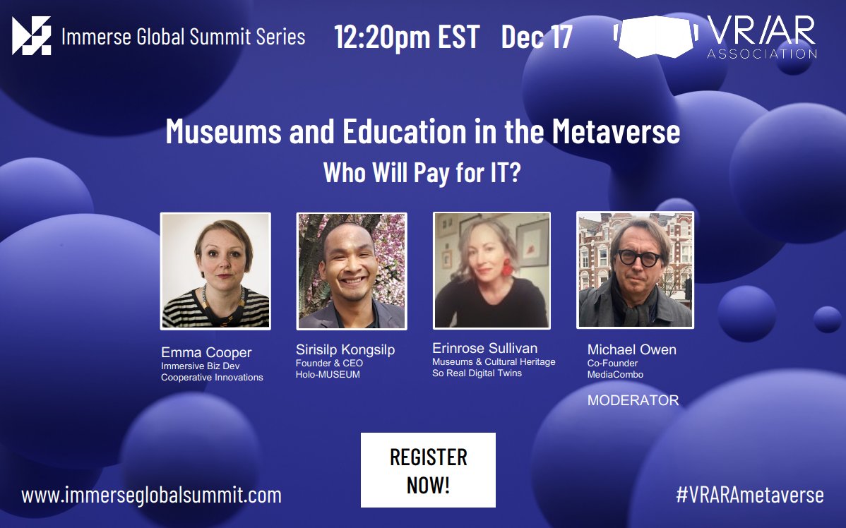 Interested in Museums &amp; the Metaverse? 🏦

<a href="/em_cooper/">Cooper</a> will be speaking this Friday, 17th December alongside <a href="/michaeldowen/">Michael Owen</a>, Sirisilp Kongsilp from @MorpheusHoloNFT &amp; Erinrose Sullivan at @SOREAL_AG 

hopin.com/events/metaver…