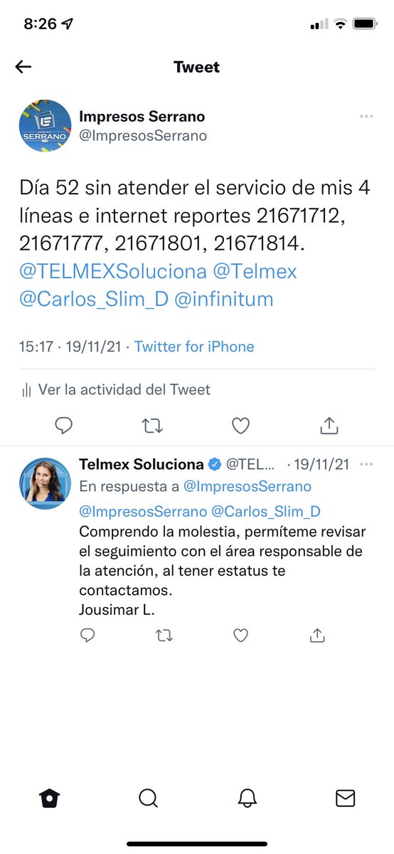 ImpresosSerrano's tweet photo. Día 78 sin servicio de mis 4 líneas comerciales, reportes 21671777, 21671801, 21671814, 21671712
@TELMEXSoluciona @Telmex @Carlos_Slim_D @Profeco … Que se comunican del 8001232222
Deben estar sin servicio sus líneas, o seguirán buscando el estatus de mis reportes https://t.co/74rqbv9tDu