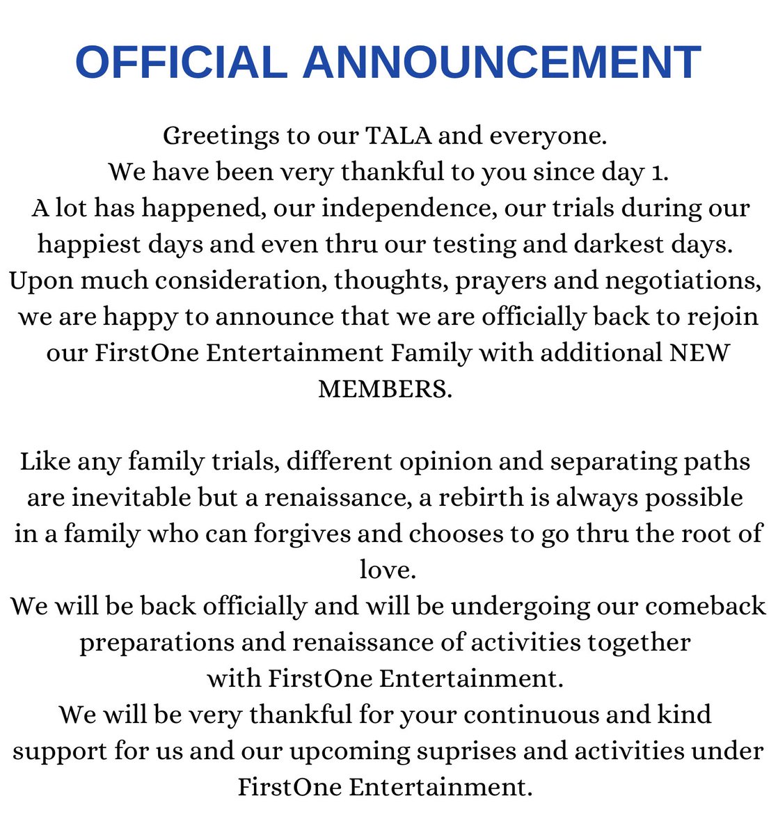 📢 [OFFICIAL ANNOUNCEMENT]

Joyden, Clarice and DK will officially end all of their activities with FIRST LABEL and as LUNA but their love for their TALA will not end. Thank you for being with us.

Once again, If the skies the limit shoot for the stars, we are LUNA ✨🌙