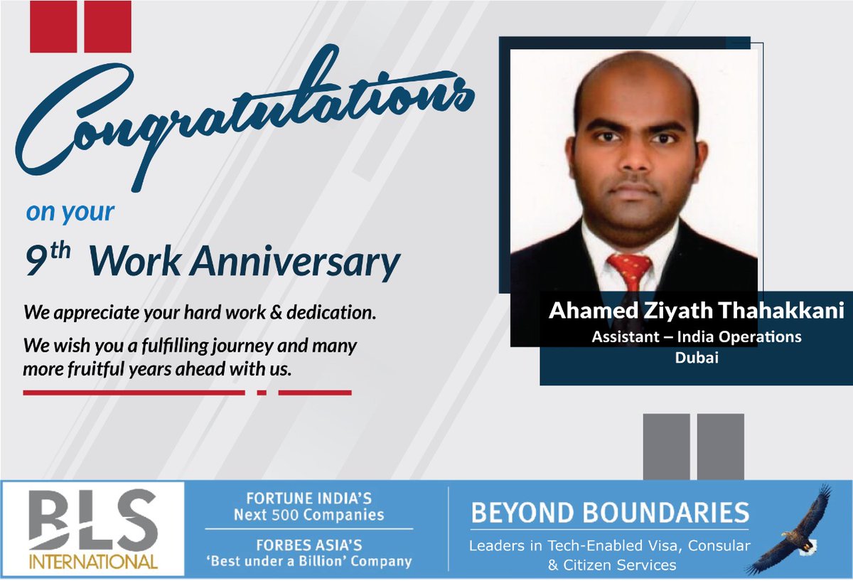 BLSintServices's tweet photo. Many congratulations to #Ahamed Ziyath Thahakkani (Assistant – India Operations) on your 9th #workanniversary at #BLSInternational. Thank you for your valuable contribution.
#employeemilestone #blsemployee #valuableresource #employeejourney https://t.co/nJezyAc73W