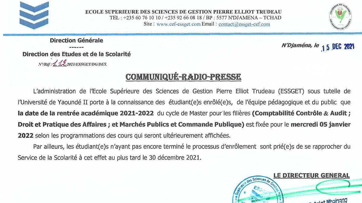 ESSGET: Mercredi 05 janvier 2022 est la date de la rentrée académique  2021-2022 du cycle de Master pour les filières (Comptabilité Contrôle et Audit ; Droit et Pratique des Affaires  et Marchés Publics et Commande Publique).