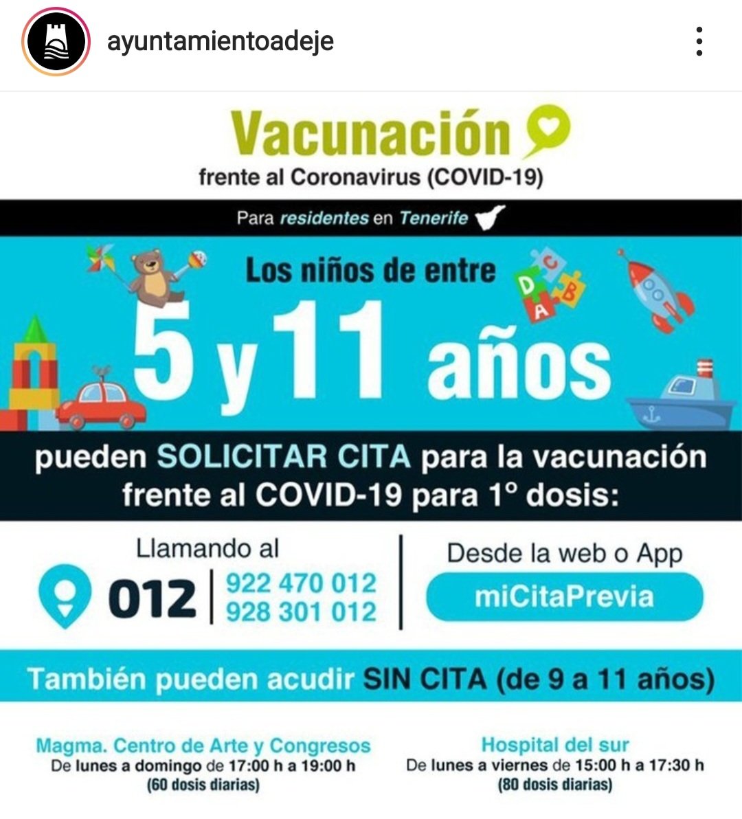 Participa en la Vacunación a los niños entre 5 a 11 años.
Todos juntos podemos lograr buenos resultados. <a href="/adeje/">Ayuntamiento Adeje</a> <a href="/iesadeje/">🅸🅴🆂 🅰🅳🅴🅹🅴</a> <a href="/GolfCostaAdeje/">Golf Costa Adeje</a> @canarias_es <a href="/Tenerife_Ocio/">Tenerife Ocio</a> <a href="/teneriferural/">Tenerife Rural</a>