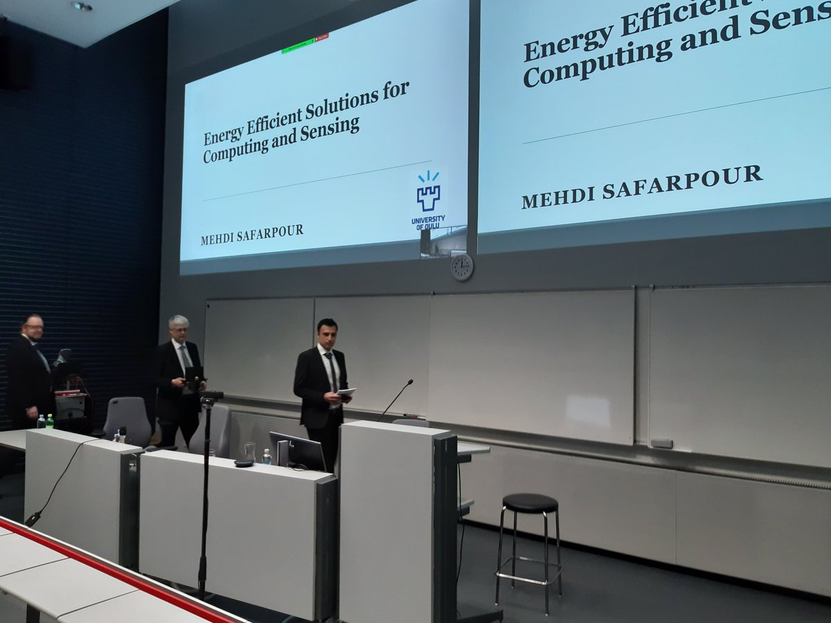 Mehdi Safarpour's  ( @MehdiSafarpour3 ) defence is just starting !  He will discuss how to make sensing and computing more energy efficient. @CMVSOulu @Osilven  @ITEEOulu