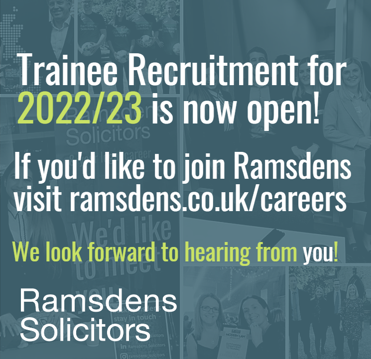 Ramsdens Training Contract applications for 2022/23 are now open. Visit ramsdens.co.uk/careers/traini… for more information on our excellent training scheme & details on how to apply. Good luck! #lawstudents #trainingcontract #legaljobs #chooseRamsdens #growyourcareer