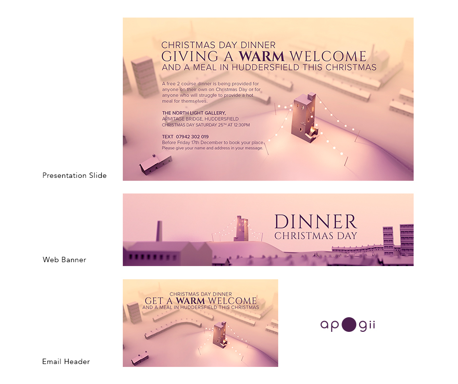 Apogii_Studio's tweet photo. Print and digital designs as part of the campaign I created to promote the free Christmas meal.

The meal is for those who may otherwise be on their own on Christmas day or may be unable to provide a hot meal for themselves.

#kindness #Christmas2021 #marketing #design #3D #3Dart https://t.co/rHhGnM87HB