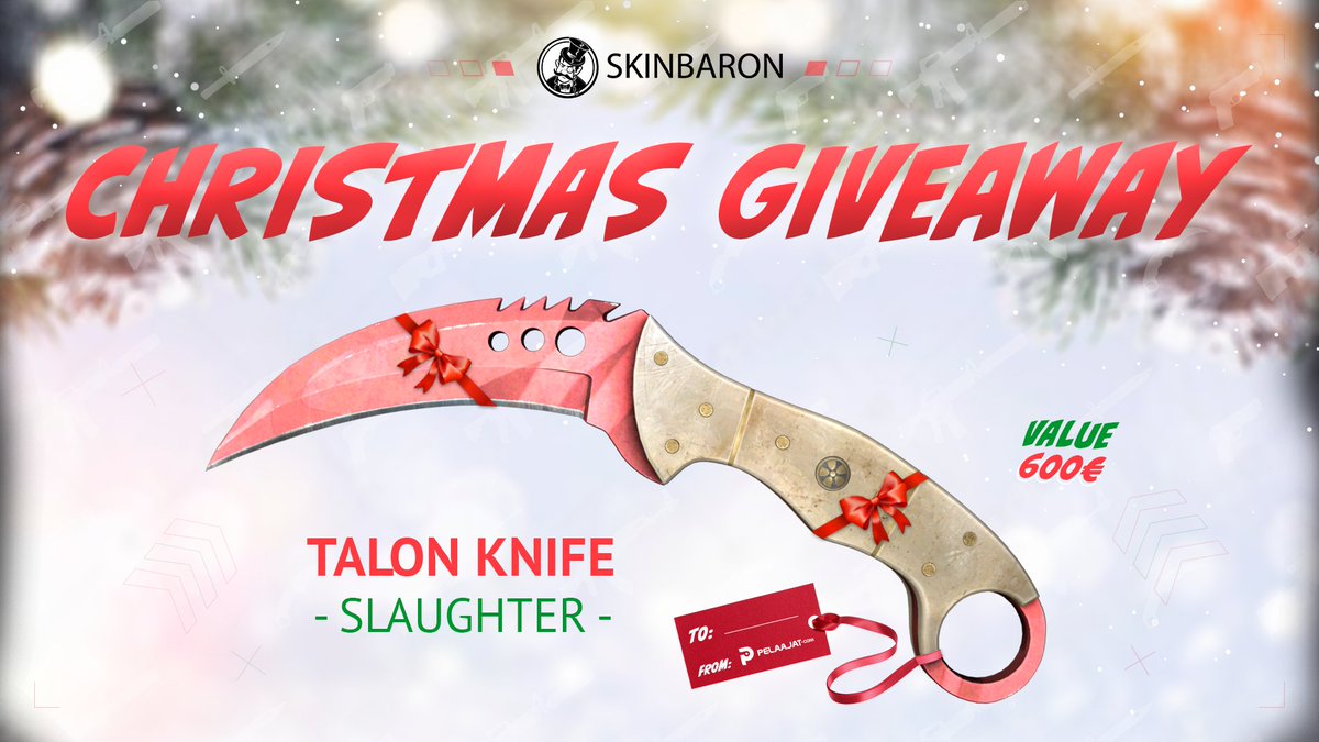 Pelaajat.com (@pelaajatcom) on Twitter photo 🎄 Christmas Giveaway 🎅
How to participate?
➡️ Follow <a href="/PelaajatCom/">Pelaajat.com</a> & <a href="/SkinBaronEN/">SkinBaron.com</a>
🔁 Retweet this tweet
❤️ Like this tweet
🎁 1x Lucky winner will get Talon Knife | Slaughter (FN)! Value of this skin is around 600€ 🤩
Winner will be selected 27th Dec 2021!
#skingiveaway 🎄 Christmas Giveaway 🎅
How to participate?
➡️ Follow <a href="/PelaajatCom/">Pelaajat.com</a> & <a href="/SkinBaronEN/">SkinBaron.com</a>
🔁 Retweet this tweet
❤️ Like this tweet
🎁 1x Lucky winner will get Talon Knife | Slaughter (FN)! Value of this skin is around 600€ 🤩
Winner will be selected 27th Dec 2021!
#skingiveaway