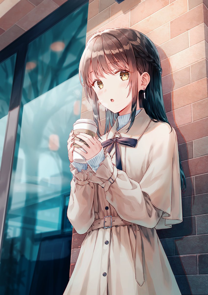1girl solo holding long hair holding cup cup long sleeves  illustration images