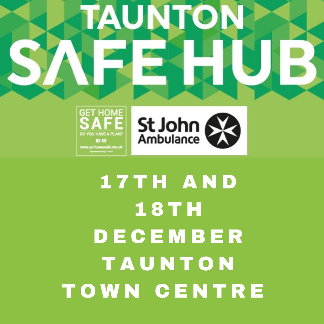 The next Taunton Safe Hub will be this weekend <a href="/SjaTaunton/">St John Ambulance - Taunton Unit</a> will be there helping you get home safety this winter #gethomesafeuk