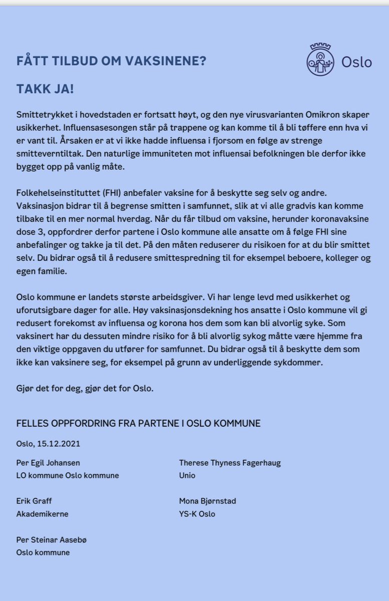 Har du fått tilbud om vaksine? Takk ja og ta en for laget. Både fagforeninger og arbeidsgiver i @Oslokommune heier på deg 👏😍