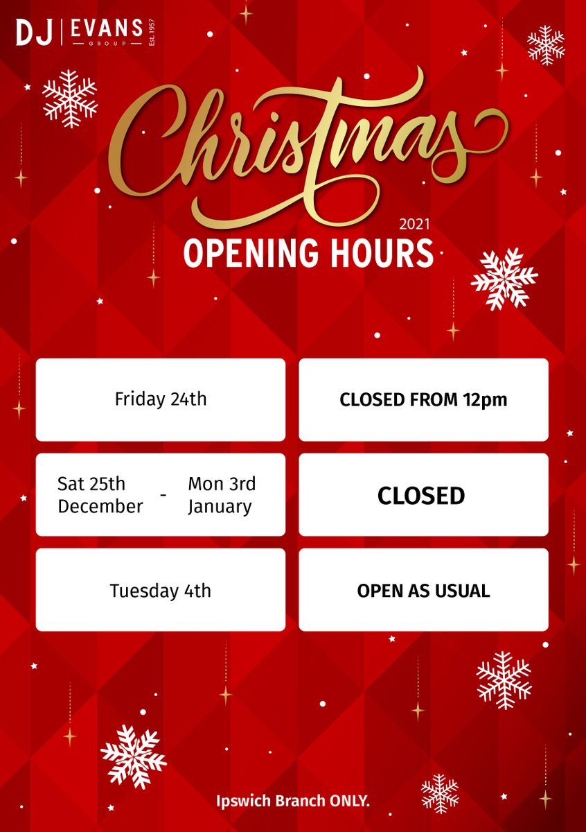 Here we have the Christmas opening hours for our Ipswich Branch ❄️️. Please check out our Bury St. Edmunds opening hours if you need anything in a hurry between Christmas and New Year 🎄
