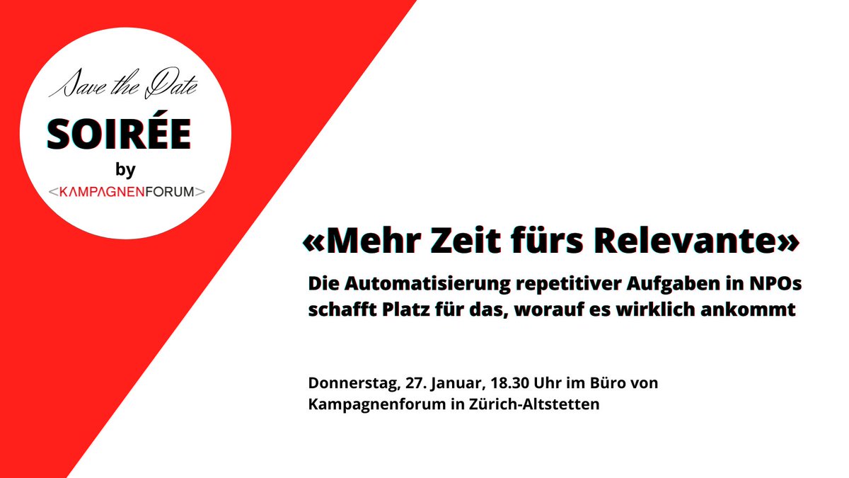 Save the Date: Kampagnenforum-Soirée am 27.1.2022, 18.30 Uhr zum Thema «Mehr Zeit fürs Relevante»!  Andreas Freimüller teilt seine Erfahrungen zur Effizienzsteigerung im Campaigning. Mehr Infos zu Event &amp; Anmeldung: bit.ly/323doxb 
Wir freuen uns auf Dich! 
<a href="/rasgariwat/">Andreas Freimueller 🇺🇦</a>