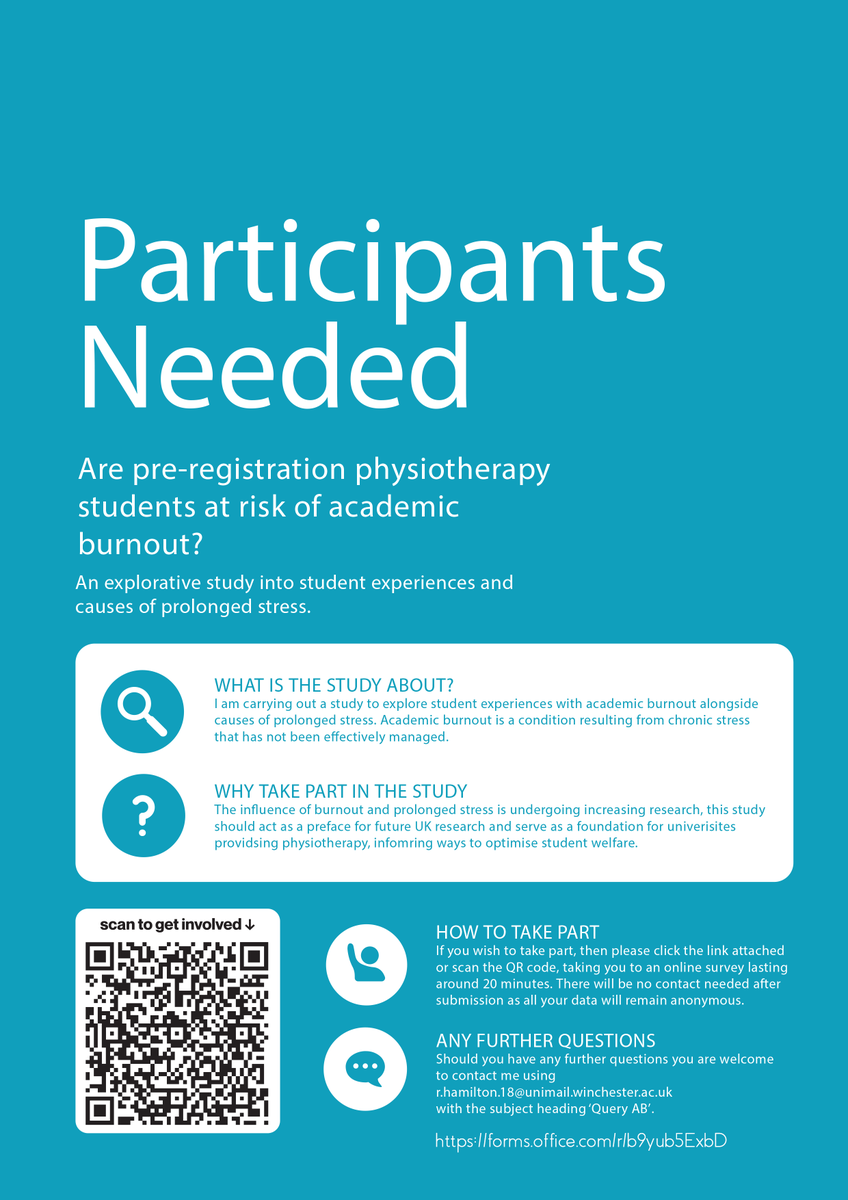 Robert Hamilton (@rob0hamilton) on Twitter photo I am looking for Physiotherapy Students to take part in my research titled 'Are pre-registration physiotherapy students at risk of Academic Burnout?'.
If you wish to take part please click the link forms.office.com/r/b9yub5ExbD or contact me at r.hamilton.18@unimail.winchester.ac.uk I am looking for Physiotherapy Students to take part in my research titled 'Are pre-registration physiotherapy students at risk of Academic Burnout?'.
If you wish to take part please click the link forms.office.com/r/b9yub5ExbD or contact me at r.hamilton.18@unimail.winchester.ac.uk