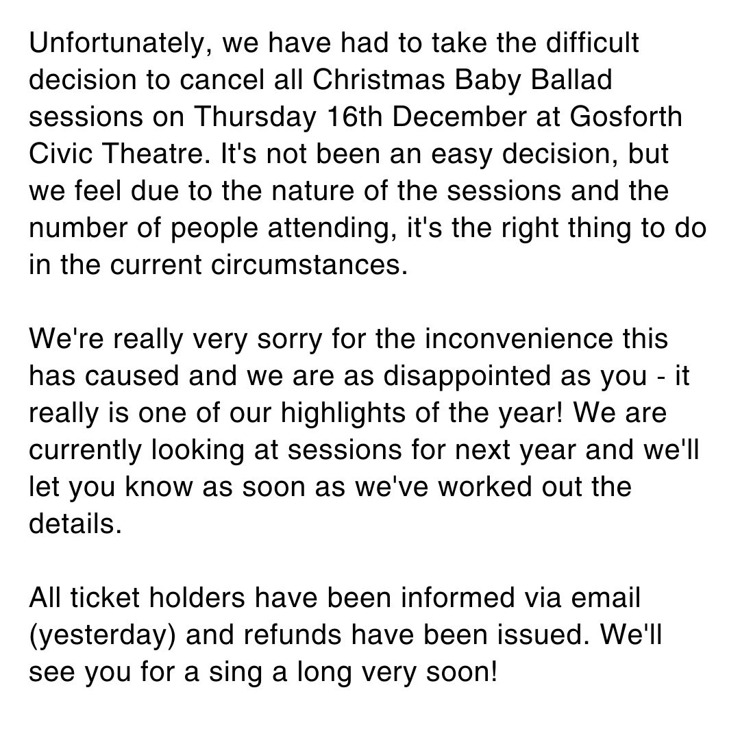 Important information about our Christmas Baby Ballad sessions <a href="/GoCivTheatre/">Gosforth Civic Theatre</a> tomorrow. All sessions have been cancelled. Fear not, we'll be back soon!