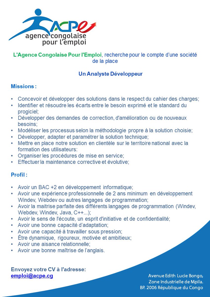 📢 Donnez vous une chance en envoyant votre CV à emploi@acpe.cg en précisant l'offre à laquelle vous postulez dans "l'objet" de votre mail. 
Avant le 25 décembre 2021 

#EnsemblePourlEmploi 🖇💼
#ChezMoiAuCongo