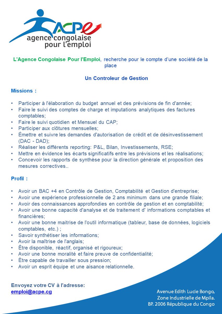 AcpeCg's tweet photo. 📢 Donnez vous une chance en envoyant votre CV à emploi@acpe.cg en précisant l'offre à laquelle vous postulez dans "l'objet" de votre mail. 
Avant le 25 décembre 2021 

#EnsemblePourlEmploi 🖇💼
#ChezMoiAuCongo https://t.co/0djhCtGIC5