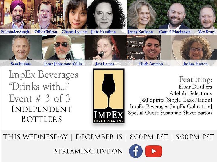 ElixirDistiller's tweet image. Tune in tonight (Wed 15th Dec) @ 8:30pm EST / 5:30pm PST⁠ / 1:30am GMT (16/12) to see our founder, Sukhinder Singh, along with Oliver Chilton, Julie Hamilton &amp;amp; Chanel Liquori on @impexbev &apos;Drinks With Independent Bottlers&apos; session, streaming live on their Facebook and YouTube