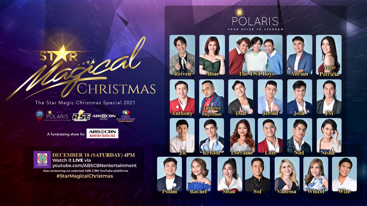 Andito na ang inyong favorite POLARIS stars para gawing ✨MAGICAL✨ang Pasko mo! 

Star Magical Christmas: The Star Magic Christmas Special 2021 

December 18, Saturday 4PM on youtube.com/ABSCBNentertai… and selected ABS-CBN YouTube platforms. #StarMagicalChristmas ✨