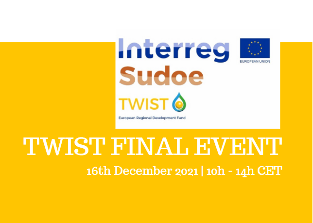 Final event of #Interreg Sudoe #TWIST (Transnational #Water #Innovation Strategy) project is this Thursday 16 December from 10 am to 2pm.

Register: bit.ly/3m40ohR
Agenda: bit.ly/3oSRR36

We are waiting for you! cc @Sudoe5

@aaconocimiento