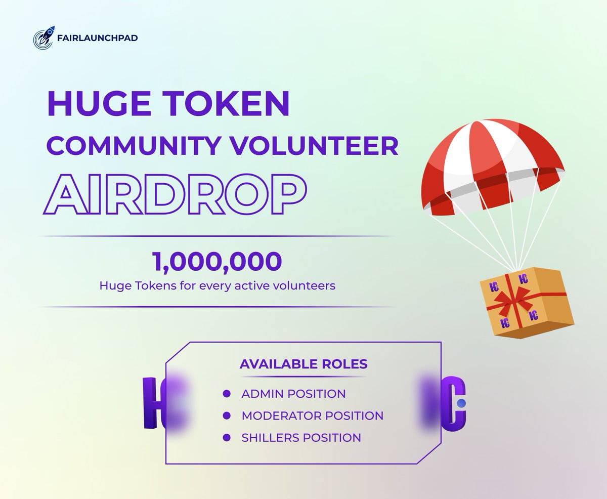 To join #HugeToken community now, volunteer for a role and be eligible for an airdrop.

Form: forms.gle/5StcueLYW52fgh…

Follow countdown here:
pad.fairlaunchpad.net

Website:
hugetoken.net

#Fairlaunchpad #cryptocurrencynews
#BSC