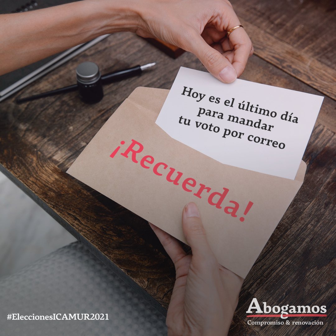 Abogamos_'s tweet photo. ÚLTIMO DÍA ENVÍO VOTO POR CORREO

¡Vota con criterio propio!

#COMPROMISO
#RENOVACIÓN
#ABOGAMOS

#eleccionesicamur2021 https://t.co/fK5UlJvUB5