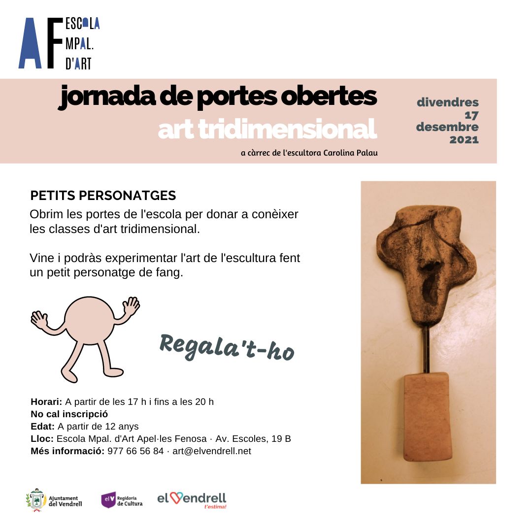 escoladartAF's tweet photo. Aquest divendres obrim les portes de l'escola.
Vine a fer una escultura i descobreix el taller d'art tridimensional.
⏱ Entre les 17 h i les 20 h. L'activitat dura 20 minuts.
📍 Av. Escoles, 19 B
#ElVendrell #EstimemLaCultura #escultura
@CulturaVendrell @EducaVendrell https://t.co/zRa4jqNdGU