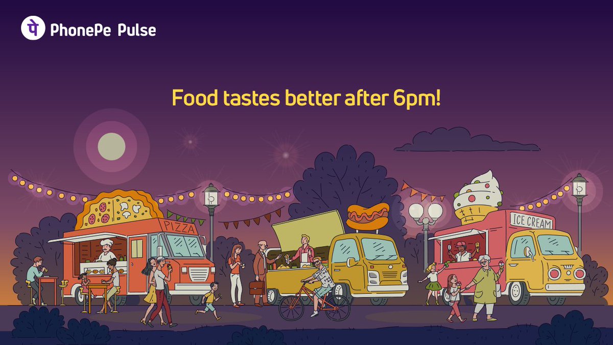 PhonePe's tweet photo. #PulseFact More than 37% of all transactions made post 6pm are for food and beverage stores. 
Indians do really unwind with food after a long day at work, don't they?!

For more such fun facts, check out https://t.co/WxHVjoU5ZB https://t.co/aMDk3RbRu8