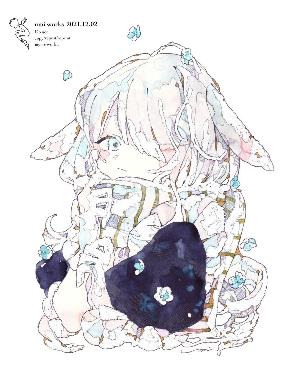 1girl solo animal ears gloves flower hair over one eye white background  illustration images