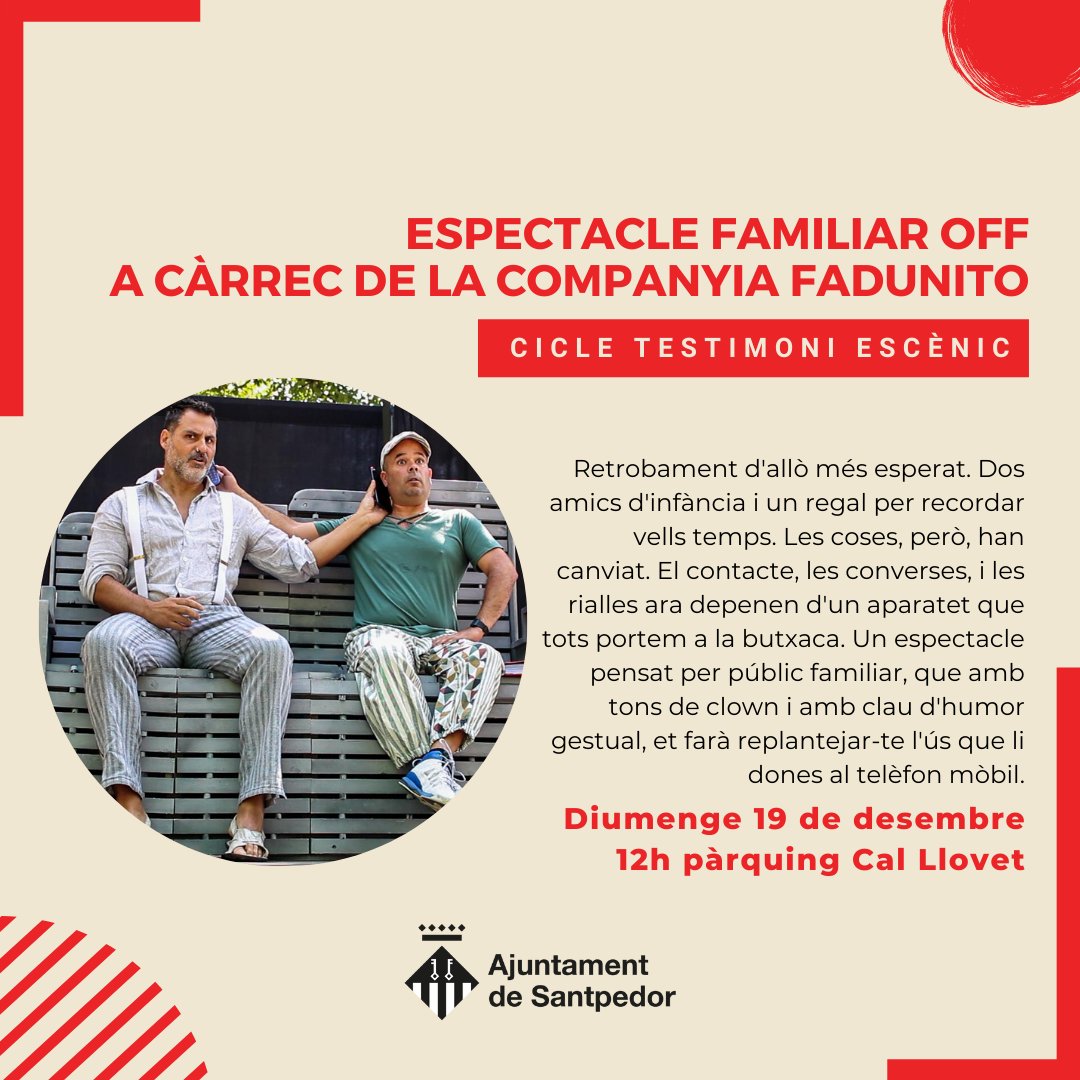 📢Aquest cap de setmana Santpedor amb <a href="/la_marato/">La Marató de 3Cat</a> 
🚴Corre-Camina-Pedala <a href="/2x2Santpedor/">2x2 Santpedor</a>  
🟡Pilars per La Marató <a href="/castsantpedor/">CastellersdSantpedor</a> 
✨Matinal de tallers familiars amb gegants <a href="/GegantsStpedor/">Geganters Santpedor</a> 
🩰Espectacle de dansa: El 25 de desembre serà Nadal?   
🎭Espectacle familiar Off <a href="/TEscenic/">Testimoni Escènic</a>